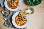 Tomato Soup with Horseradish Crème Fraîche and Herbed Roasted Shrimp