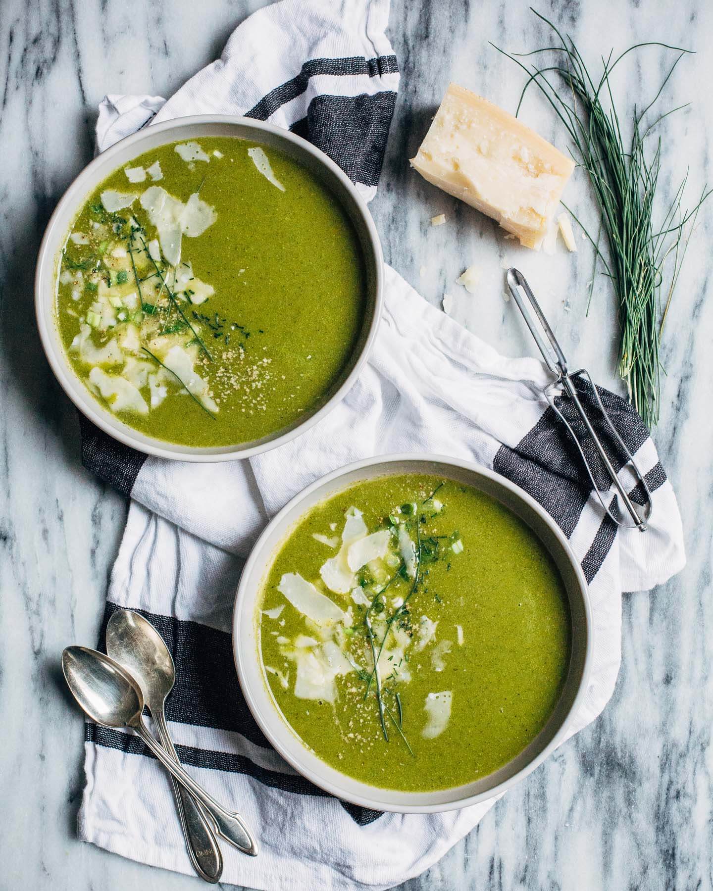 Heralding the arrival of spring produce with a vibrant green spring onion soup. This simple soup comes together quickly and captures the best flavors of early spring, from the sweet pungency of young onions to the punchy pop of tender spring greens.