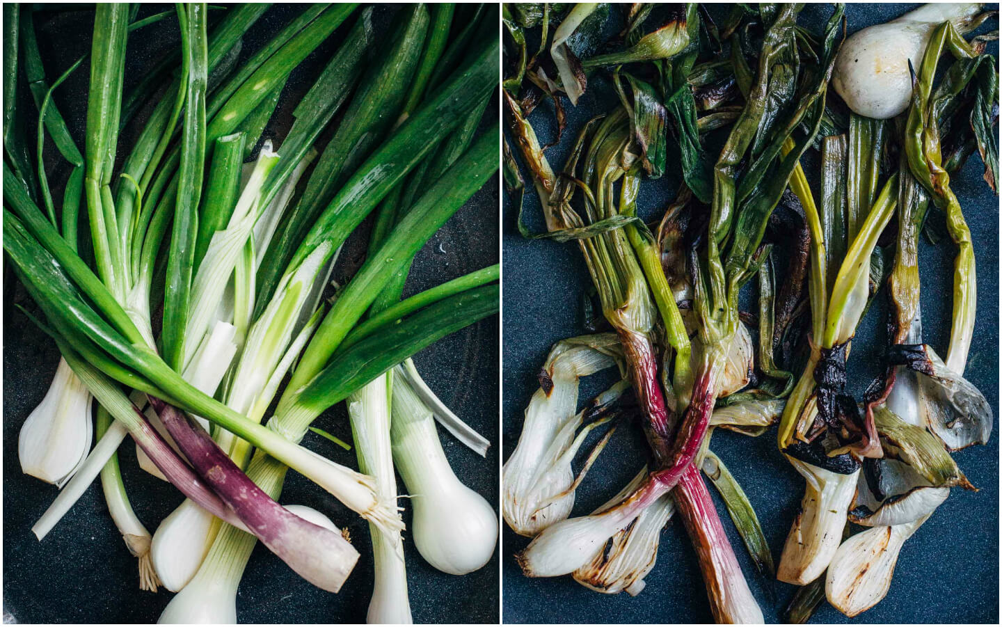 Spring onions, roasted until the edges are crisp. 