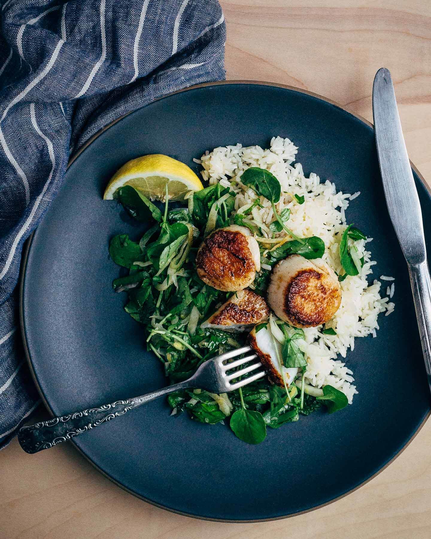 seared scallops with watercress salad and jasmine rice // brooklyn supper