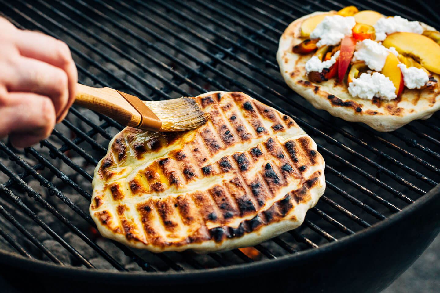 roasted pepper, nectarine and ricotta grilled pizzas // brooklyn supper