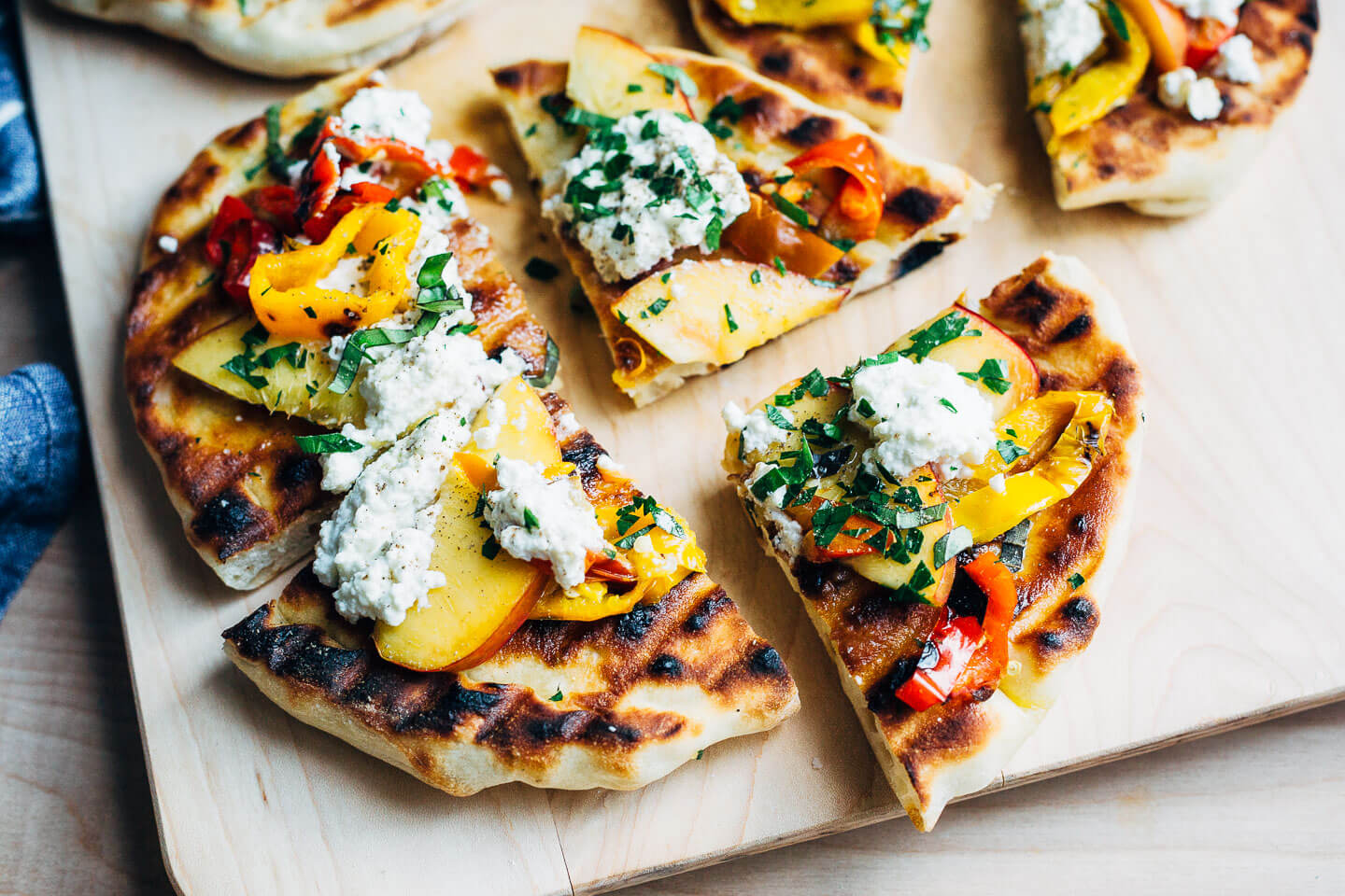 roasted pepper, nectarine and ricotta grilled pizzas // brooklyn supper