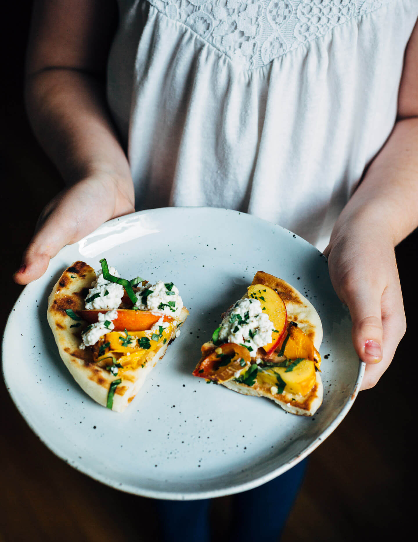 roasted pepper, nectarine and ricotta grilled pizzas // brooklyn supper
