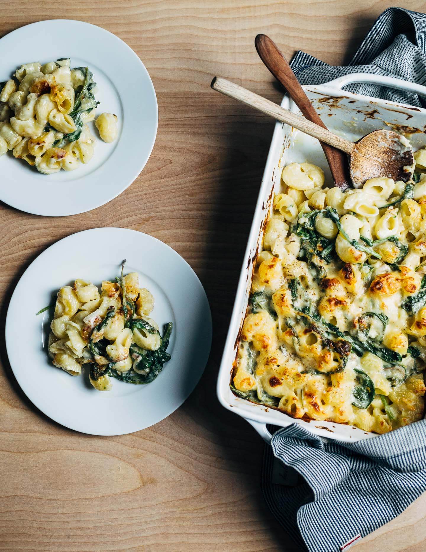 A recipe for mac and cheese with greens that makes delicious use of flavorful, but often forgotten, radish and turnip greens.