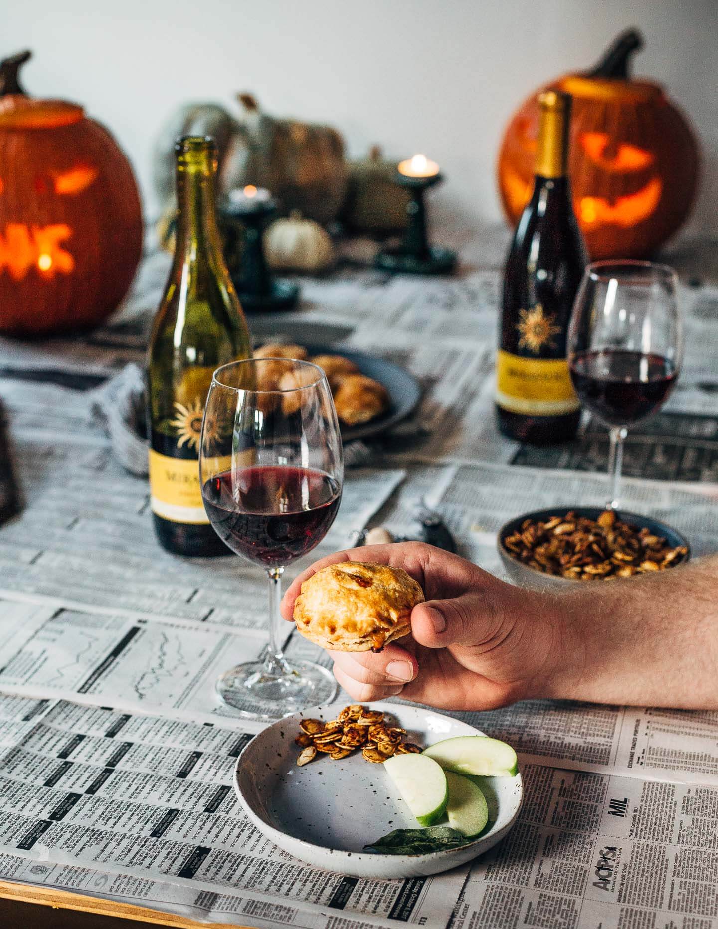 Making a batch of savory bacon, apple and cheddar hand pies and carving pumpkins with friends.