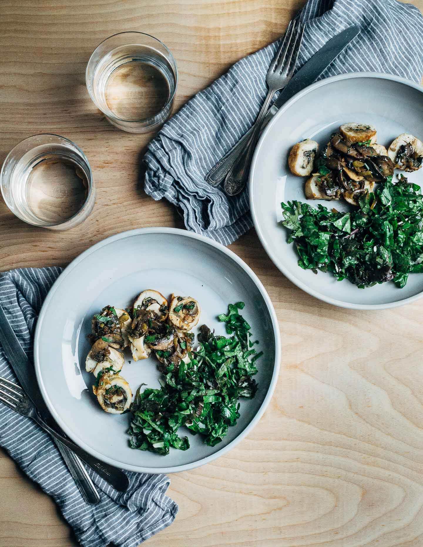 A recipe for richly flavored fennel and mushroom chicken roulade topped with a simple white wine pan sauce.