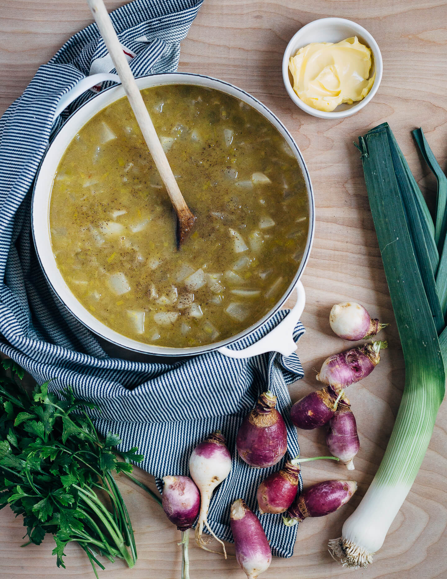 A simple leek and turnip soup for chilly nights. Made with leeks and turnips sautéed in brown butter, this is a peppery, beautifully balanced 5-ingredient soup.