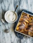 Seckel pears sautéed in brown butter syrup and slices of brioche dipped in cinnamon sugar elevate this simple seckel pear bread pudding recipe.