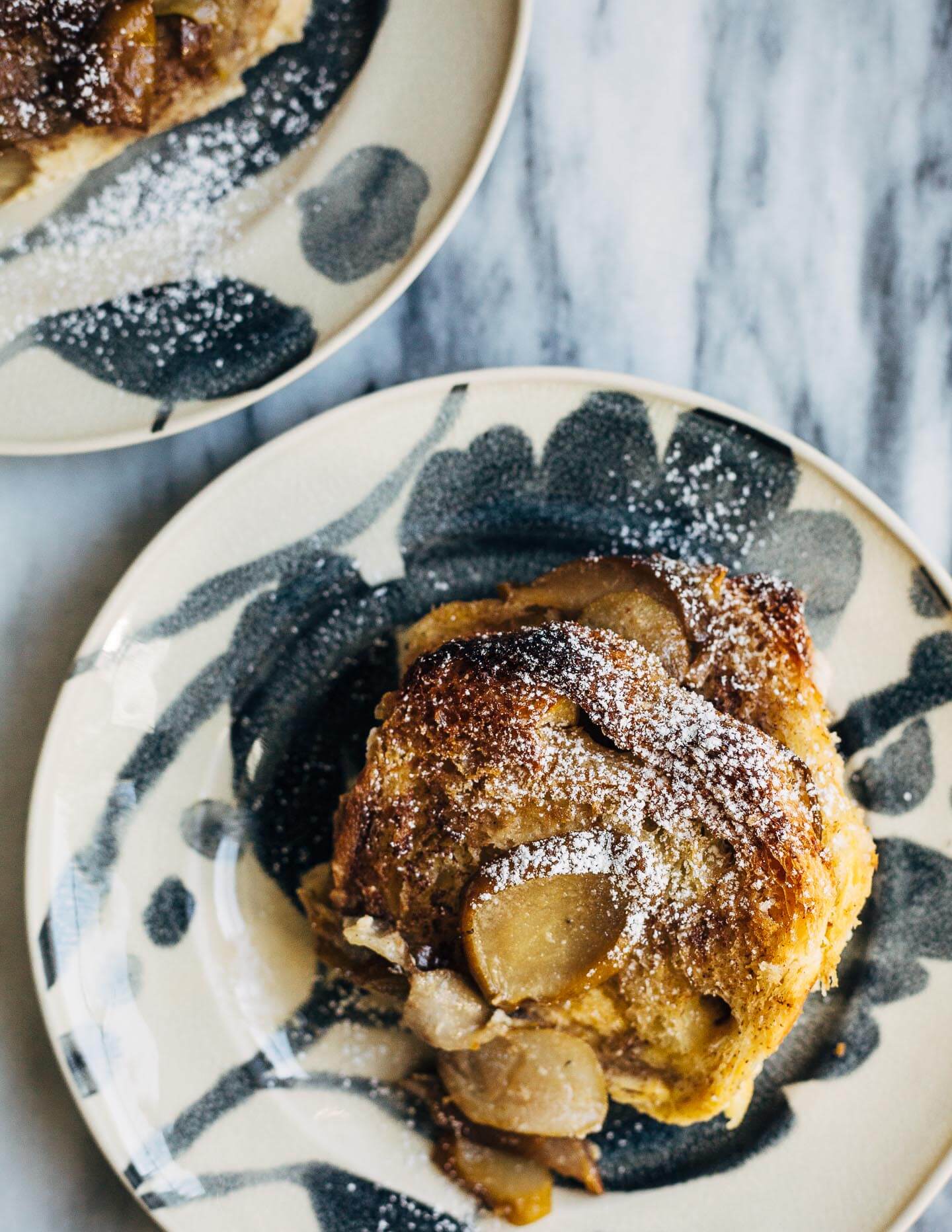 Seckel pears sautéed in brown butter syrup and slices of brioche dipped in cinnamon sugar elevate this simple seckel pear bread pudding recipe. 