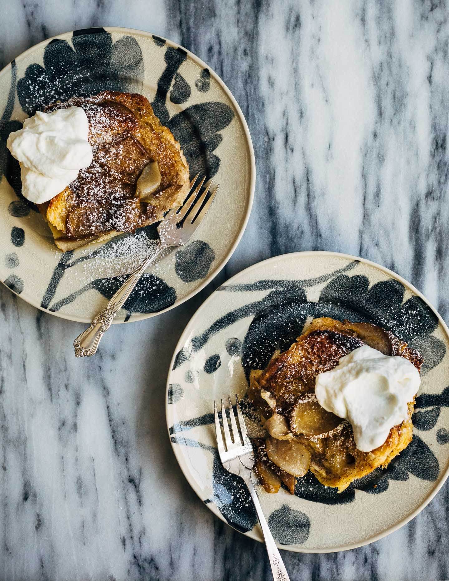 Seckel pears sautéed in brown butter syrup and slices of brioche dipped in cinnamon sugar elevate this simple seckel pear bread pudding recipe. 