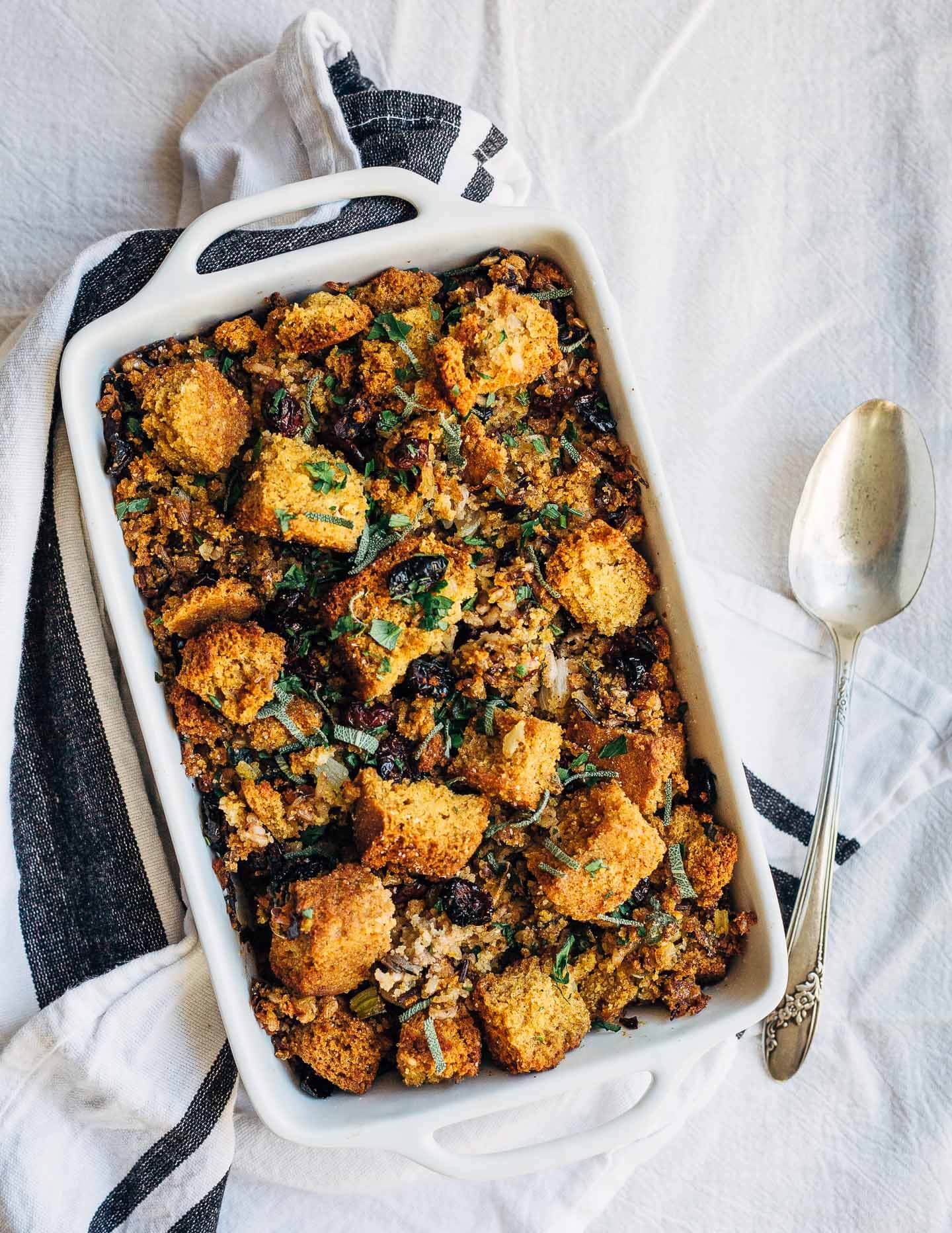 A rich, sating vegetarian Friendsgiving menu and a plant-based, gluten-free recipe for wild rice and cornbread stuffing.