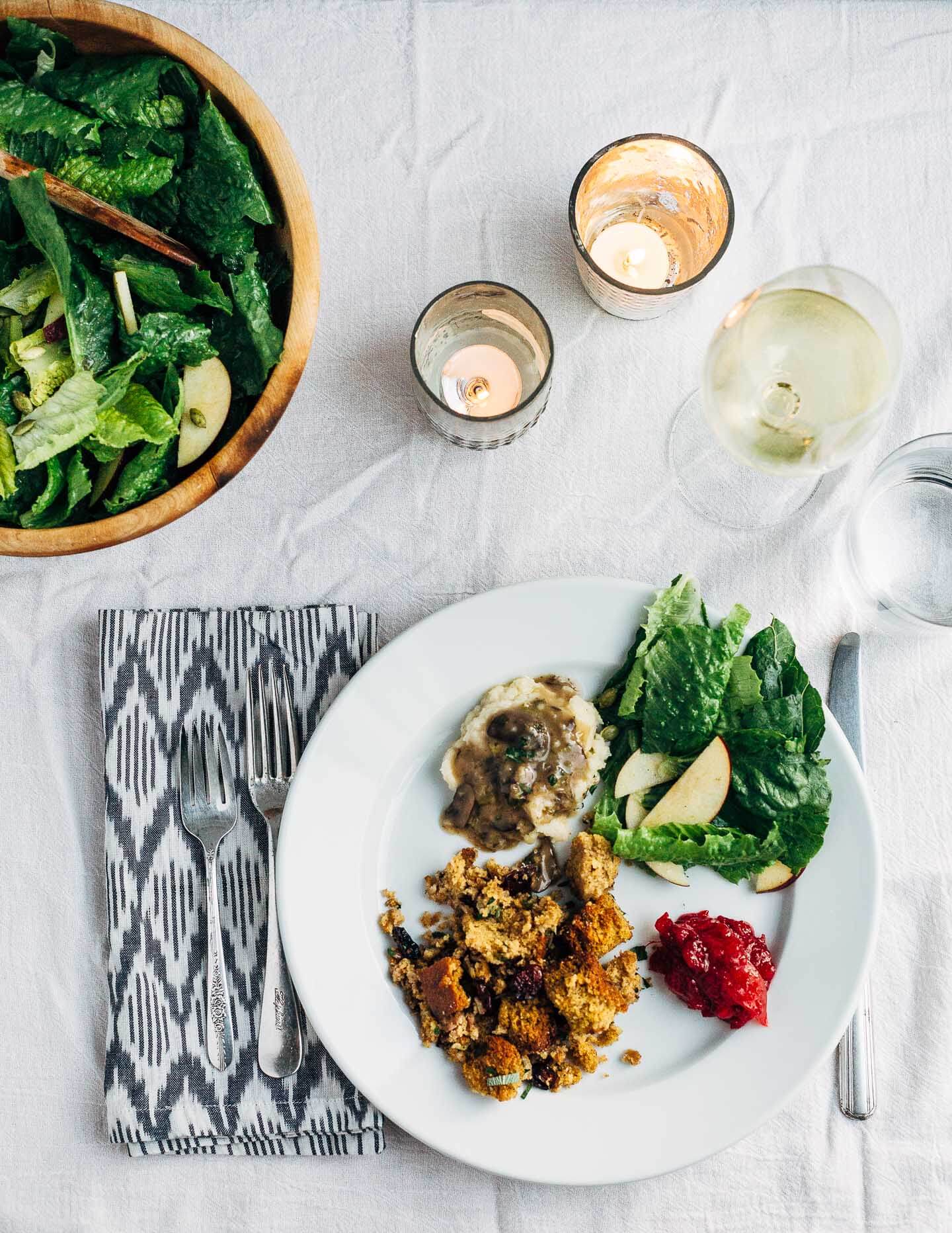 A rich, sating vegetarian Friendsgiving menu and a plant-based, gluten-free recipe for wild rice and cornbread stuffing.