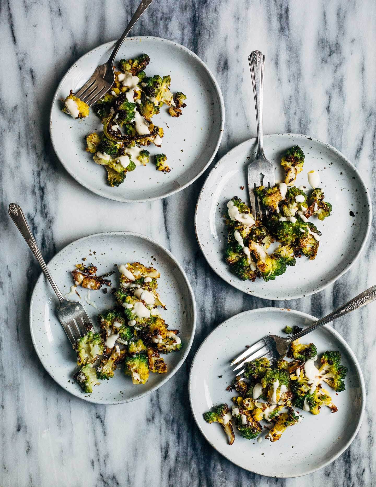 Keep winter eating interesting with this Whole30-compliant recipe for roasted Romanesco broccoli paired with a creamy vegan sunflower seed dressing made with soaked sunflower seeds and fresh Meyer lemons.