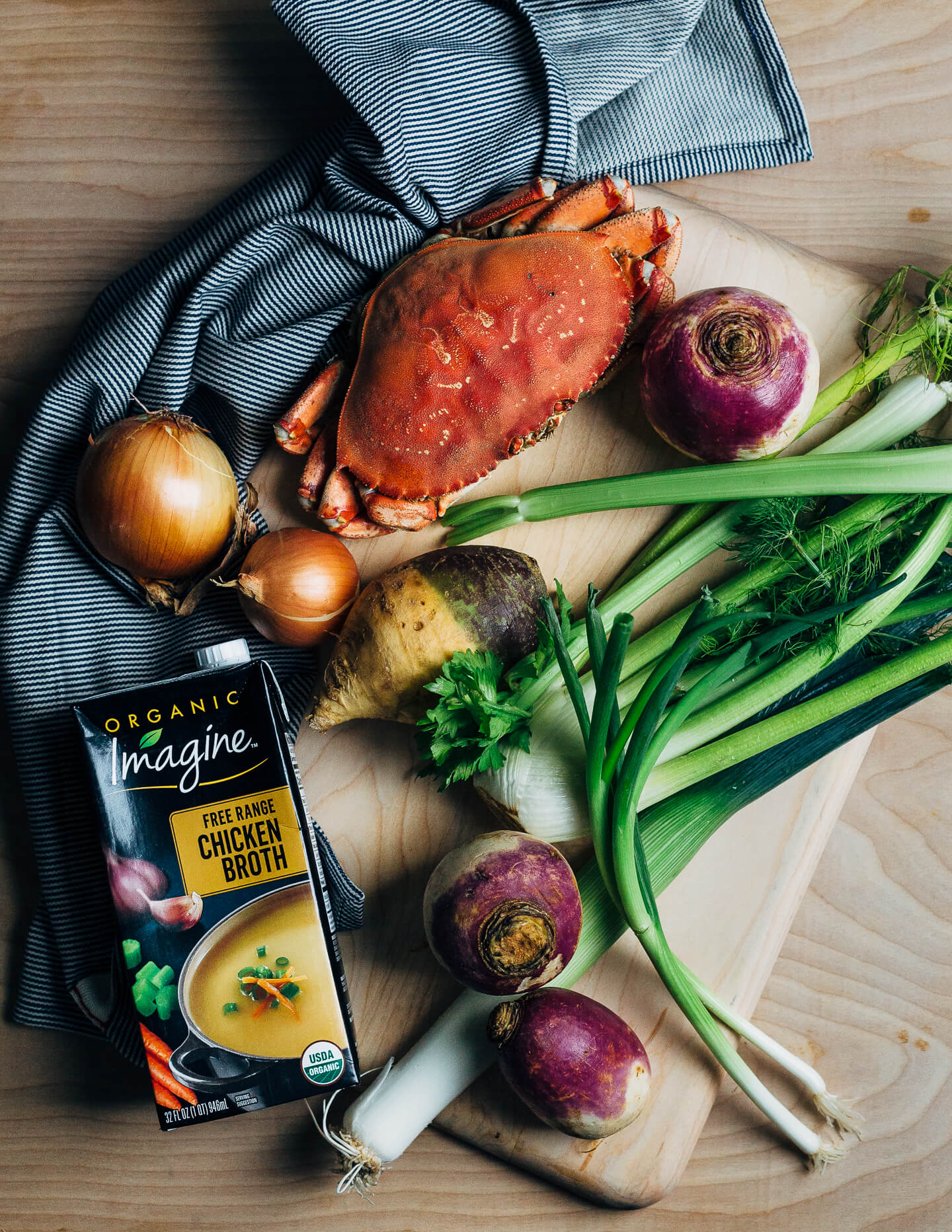 A wintry Dungeness crab chowder made with leeks, rutabagas, turnips, and fresh herbs.