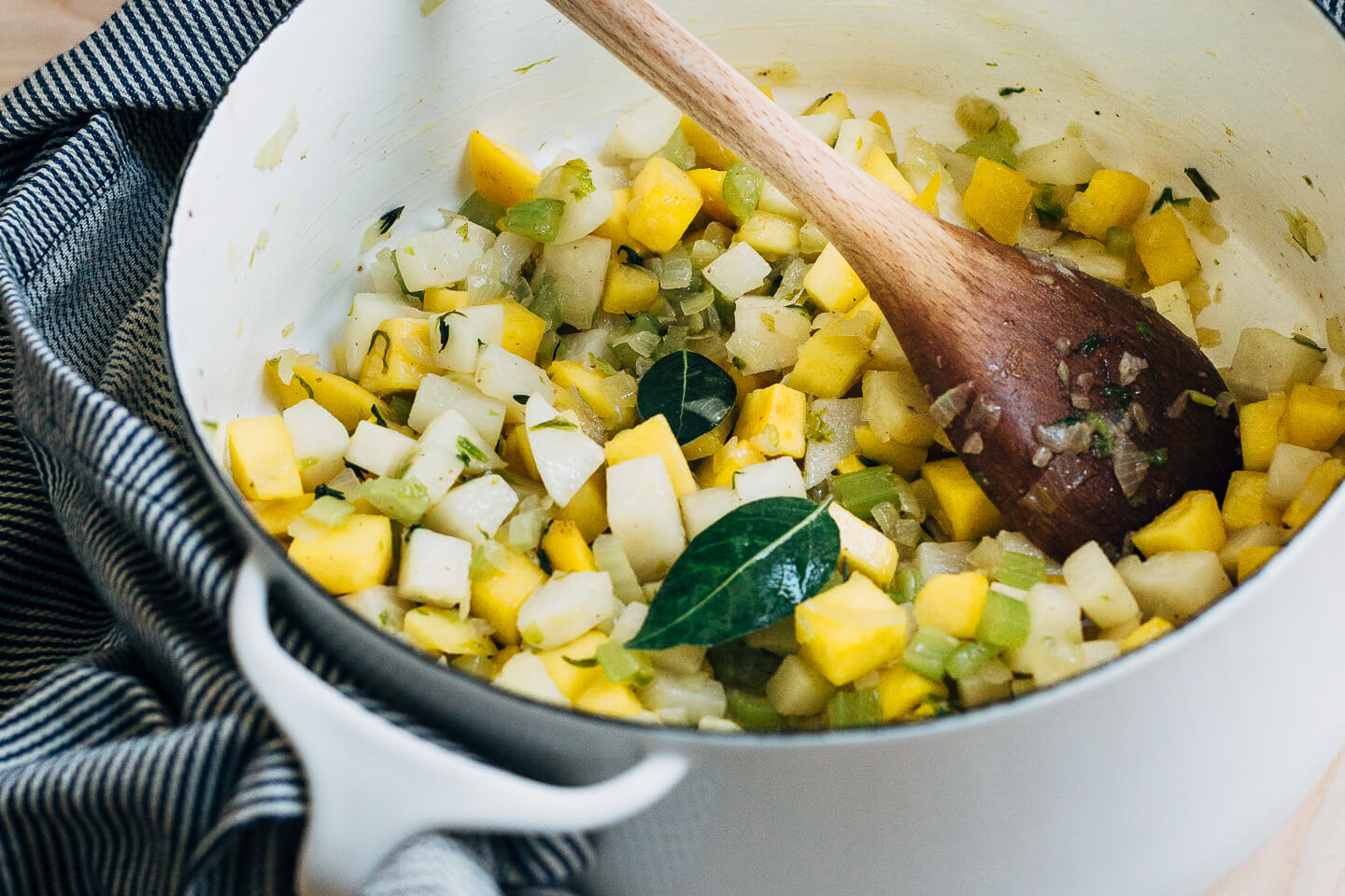 A wintry Dungeness crab chowder made with leeks, rutabagas, turnips, and fresh herbs.