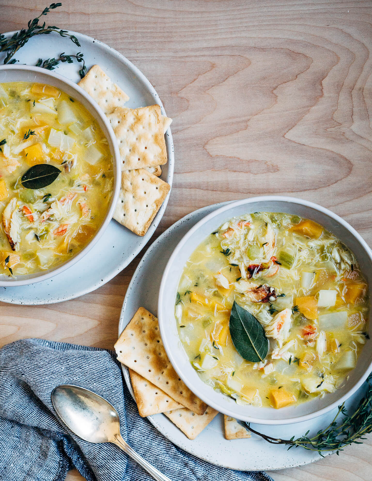 A wintry Dungeness crab chowder made with leeks, rutabagas, turnips, and fresh herbs.