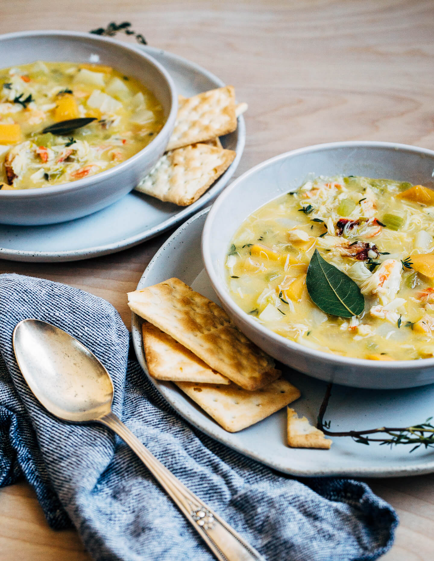 A wintry Dungeness crab chowder made with leeks, rutabagas, turnips, and fresh herbs.