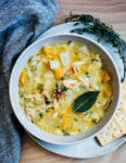 A wintry Dungeness crab chowder made with leeks, rutabagas, turnips, and fresh herbs.