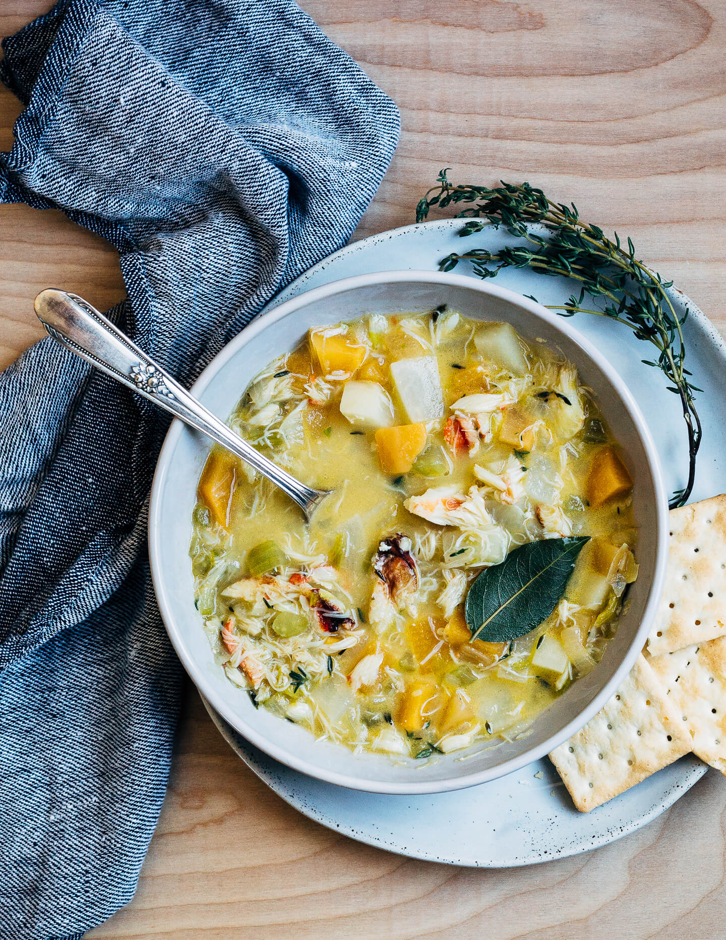 A wintry Dungeness crab chowder made with leeks, rutabagas, turnips, and fresh herbs.