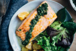 Broiled salmon fillets with a vibrant Meyer lemon and mint chimichurri makes for a simple, yet elevated mid-winter meal that's perfect for a Valentine's dinner at home. 