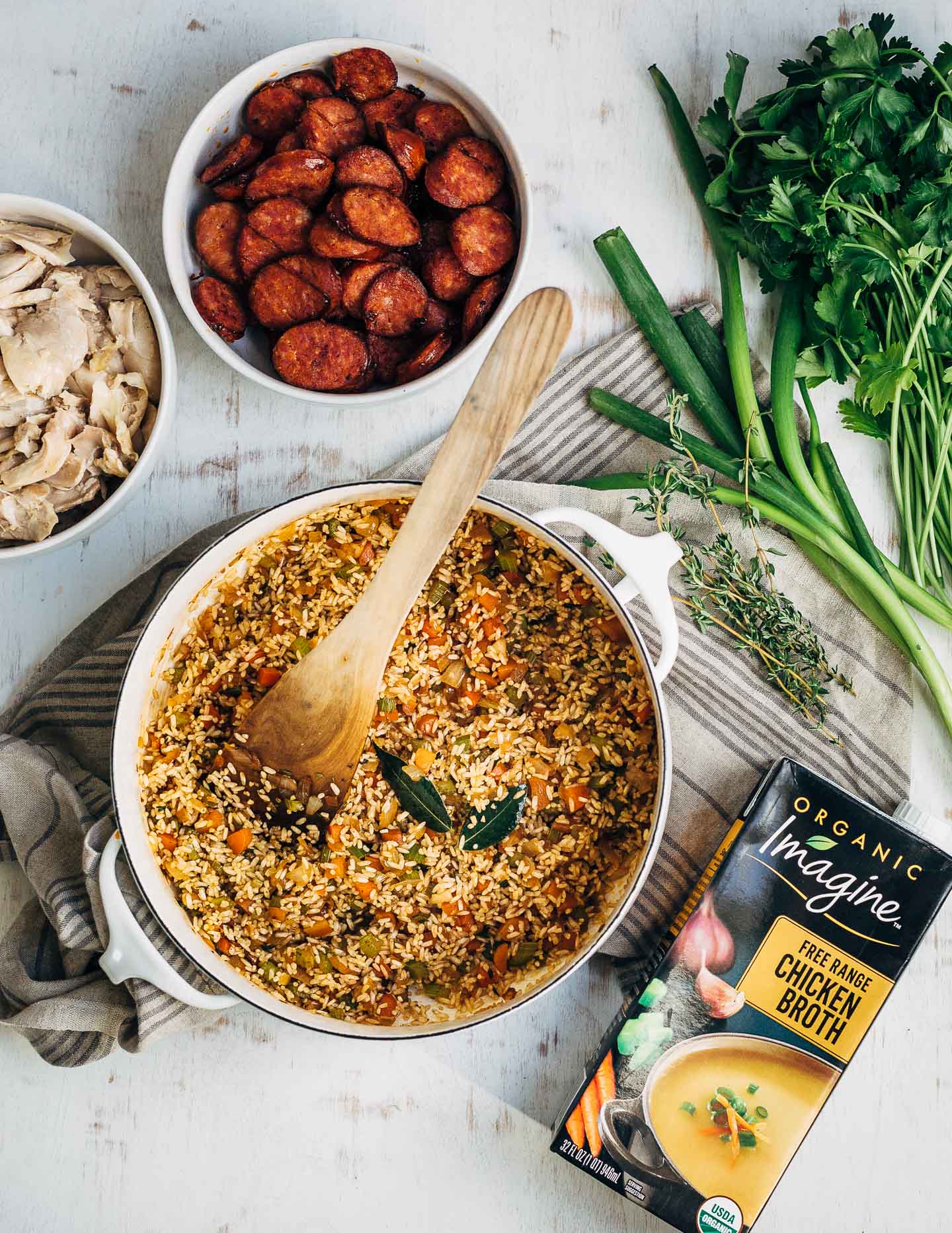 A spin on classic chicken and rice, this flavorful chicken bog is made with roasted dark meat chicken, smoked sausage, and rich chicken broth tossed with Carolina Gold rice and tender vegetables.