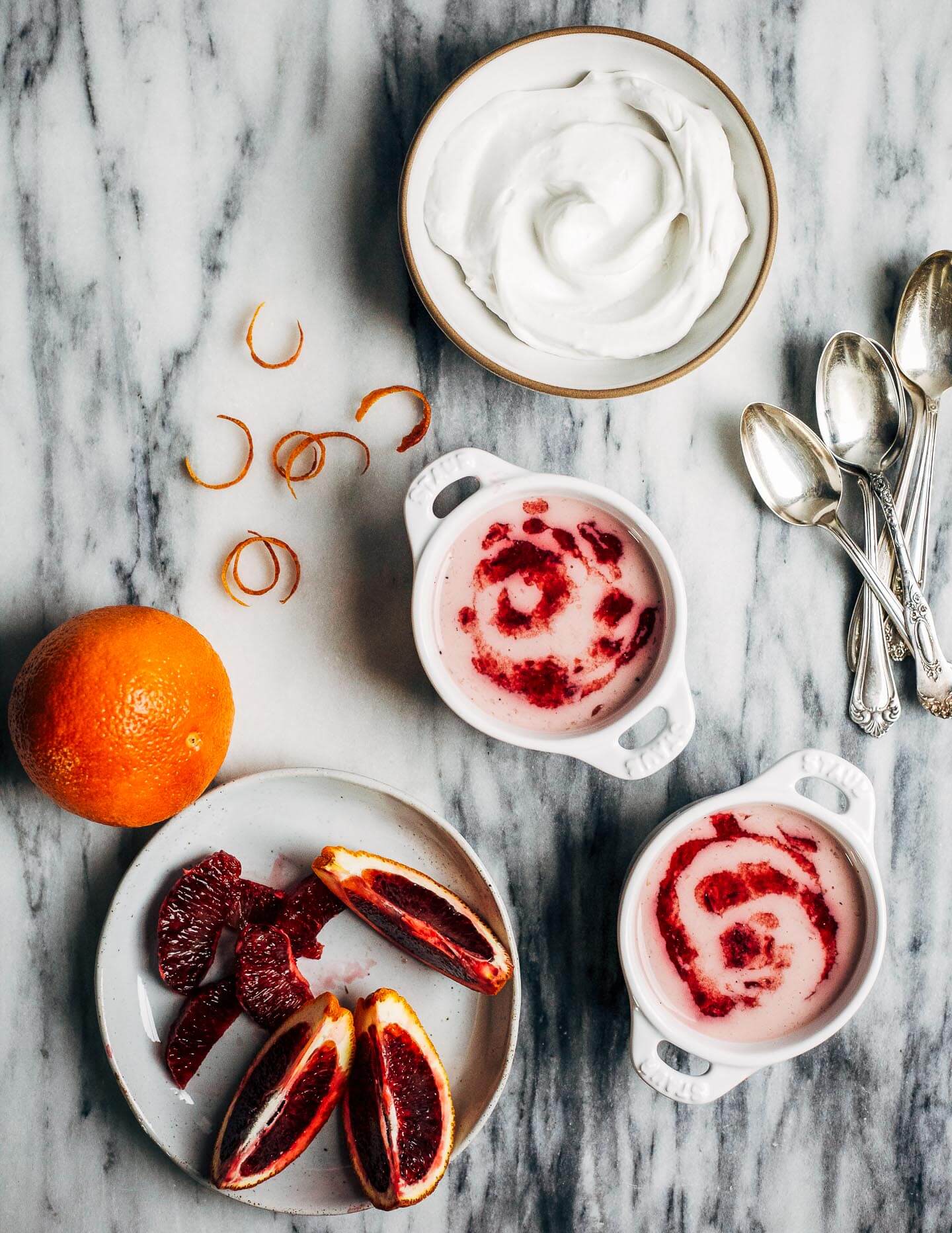 This creamy vegan blood orange panna cotta has a coconut milk base suffused with vanilla bean and clove, and a swirl of ruby-hued blood orange juice on top. Share it with someone you love.