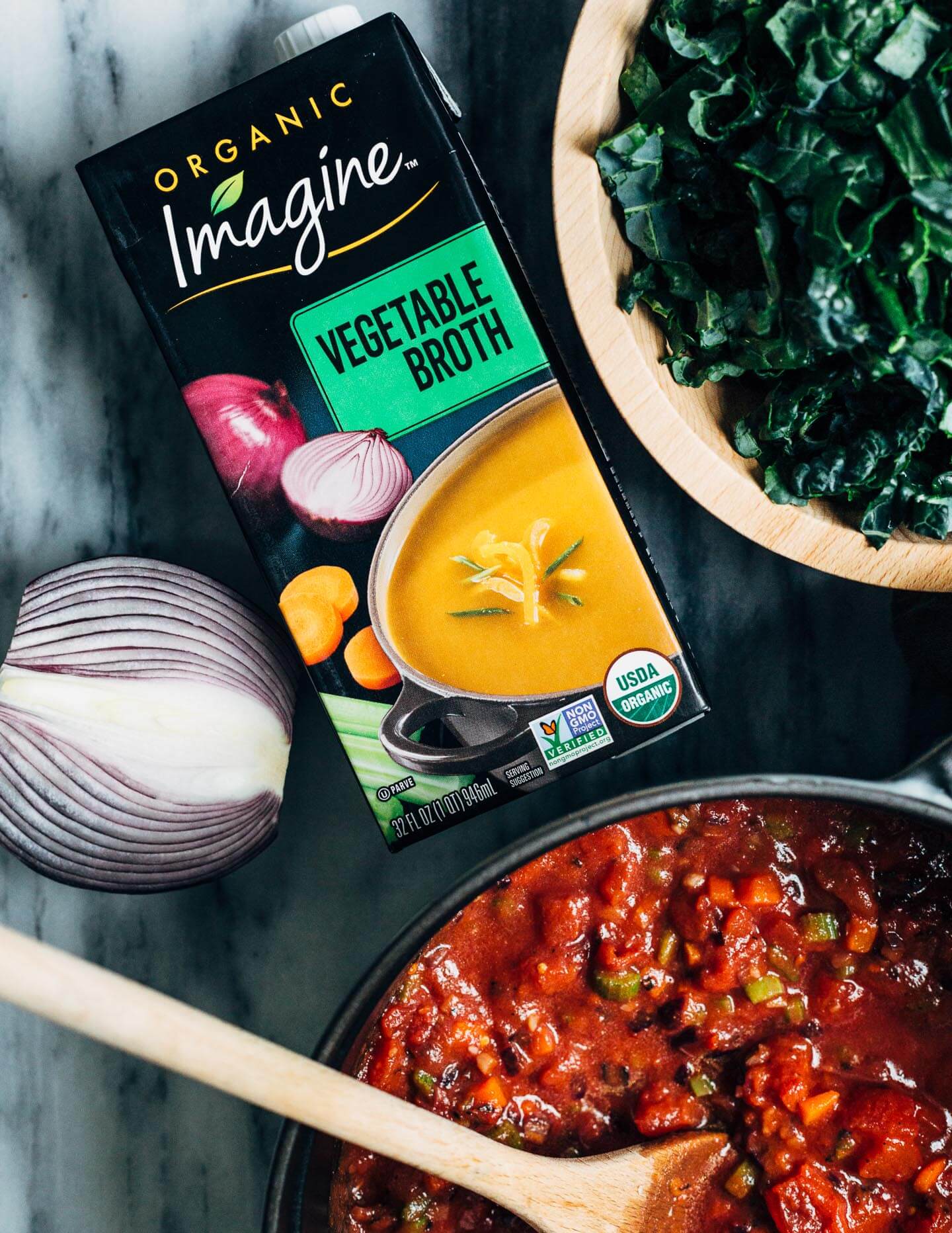 A meal-worthy vegan vegetable pasta soup with a little bit of everything: delicious vegetable broth, fire-roasted tomatoes, kale, carrots, thyme, and toothsome pasta.