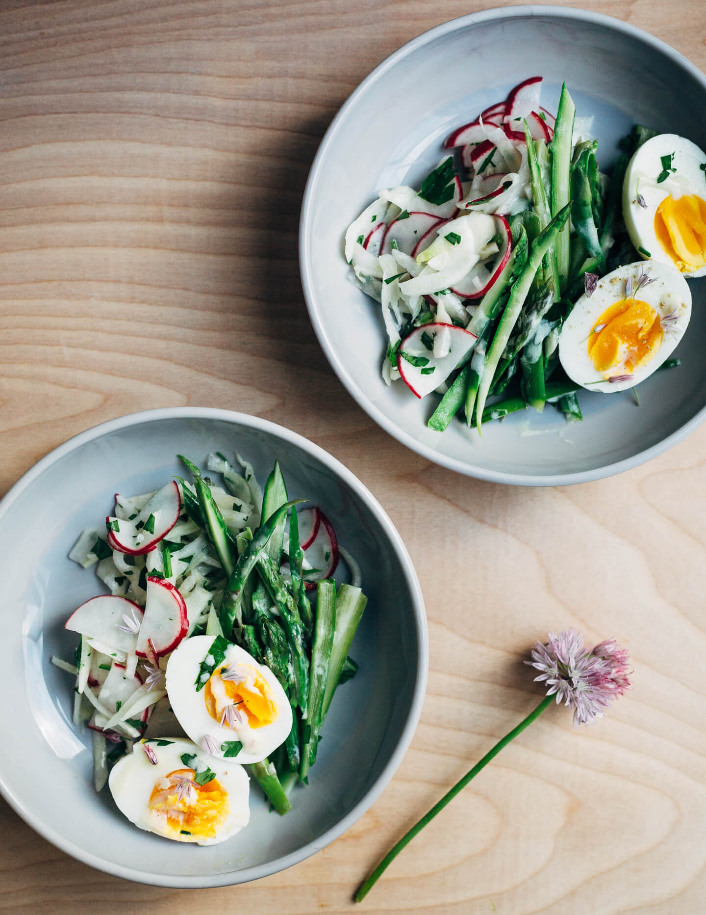 A substantial, spring-inspired fennel, radish, and asparagus salad with creamy buttermilk-lime dressing and steamed hard-boiled eggs. 