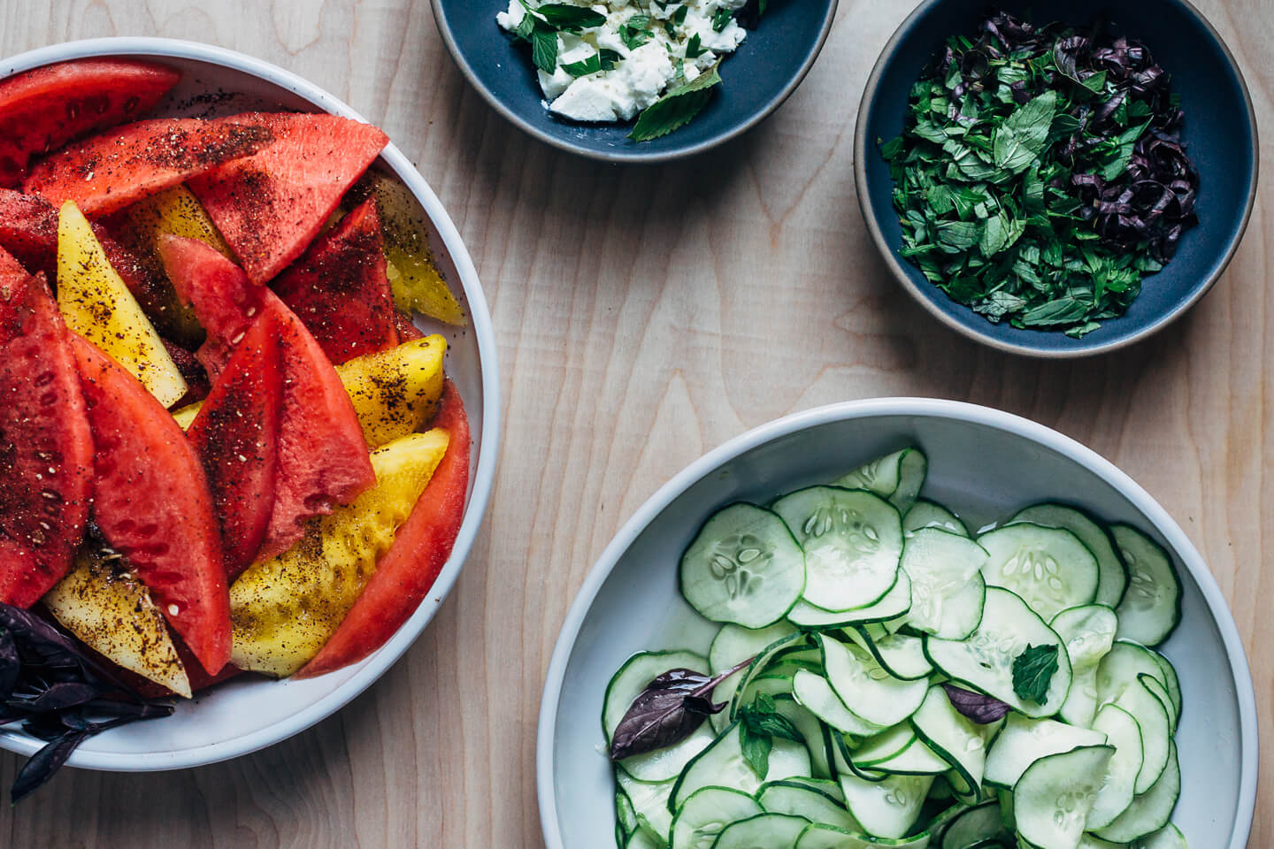 A refreshing cucumber-watermelon salad that pairs spicy-sweet watermelon wedges with lime-infused cucumbers. Spicy and cooling, this effortless summer salad is a knockout. 