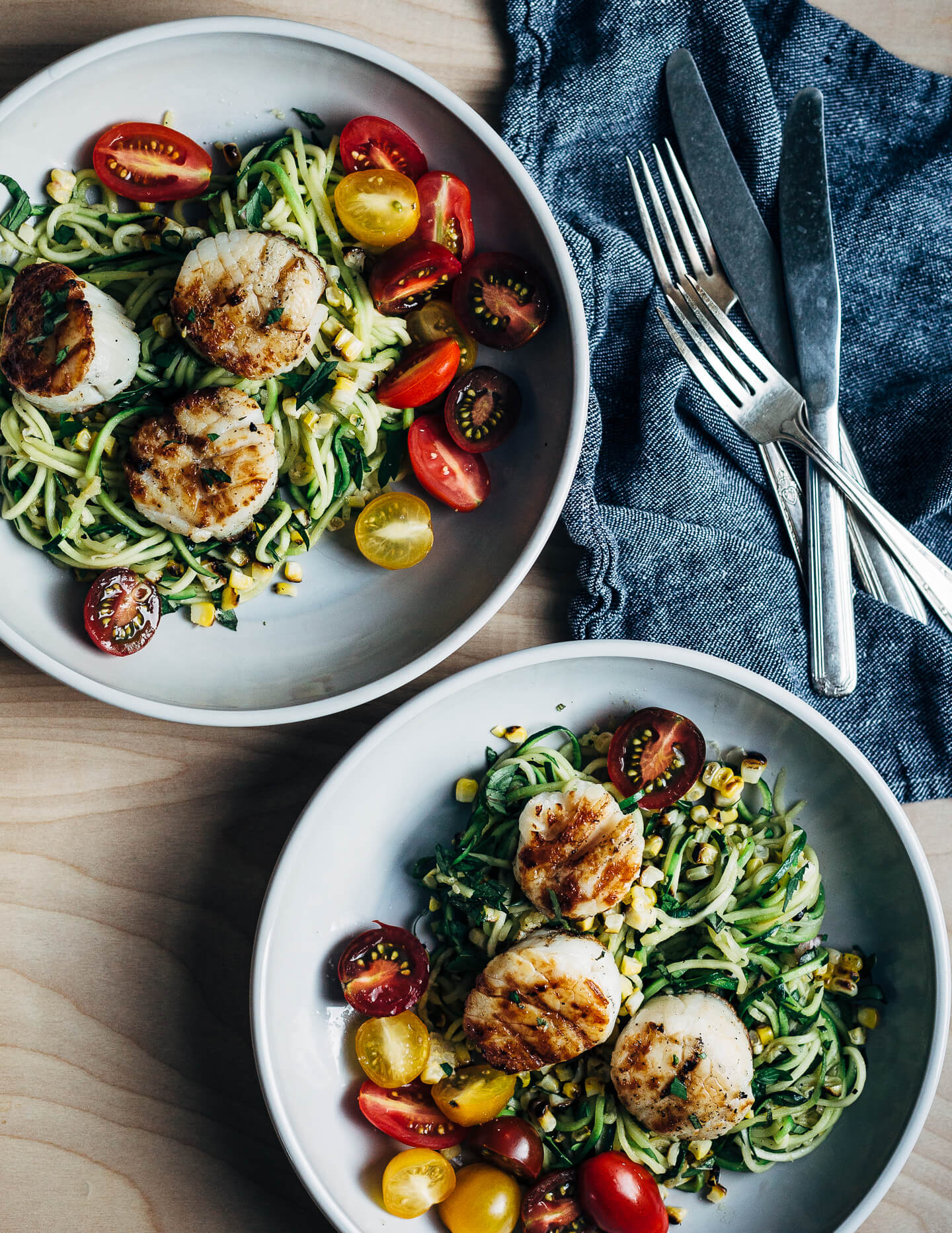 Grilled Scallops with Herbed Zucchini Noodles and Charred Corn