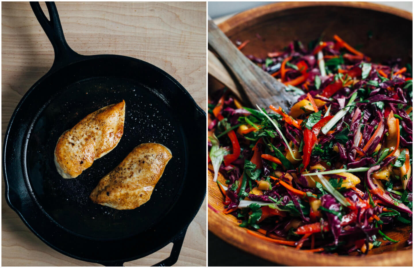 Inspired by Thai flavors, this meal prep chicken features juicy pan-seared chicken breast is served alongside a vibrant red cabbage and mango slaw and sticky jasmine rice.