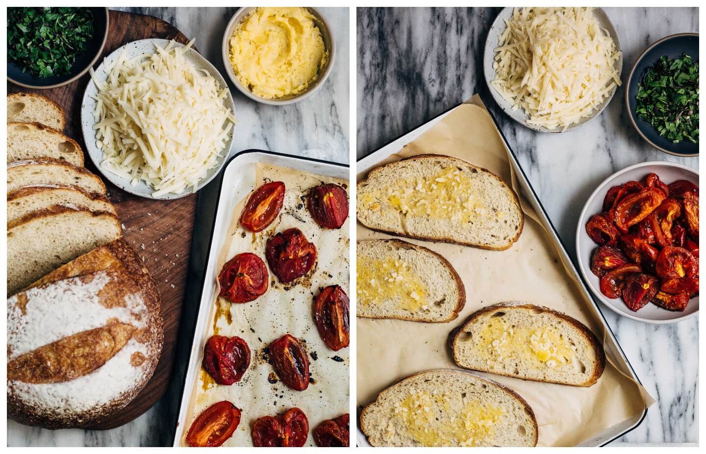 Celebrating the height of tomato season with sumptuous Gruyere and roasted tomato tartines made with thick-cut sourdough and punchy garlic butter.