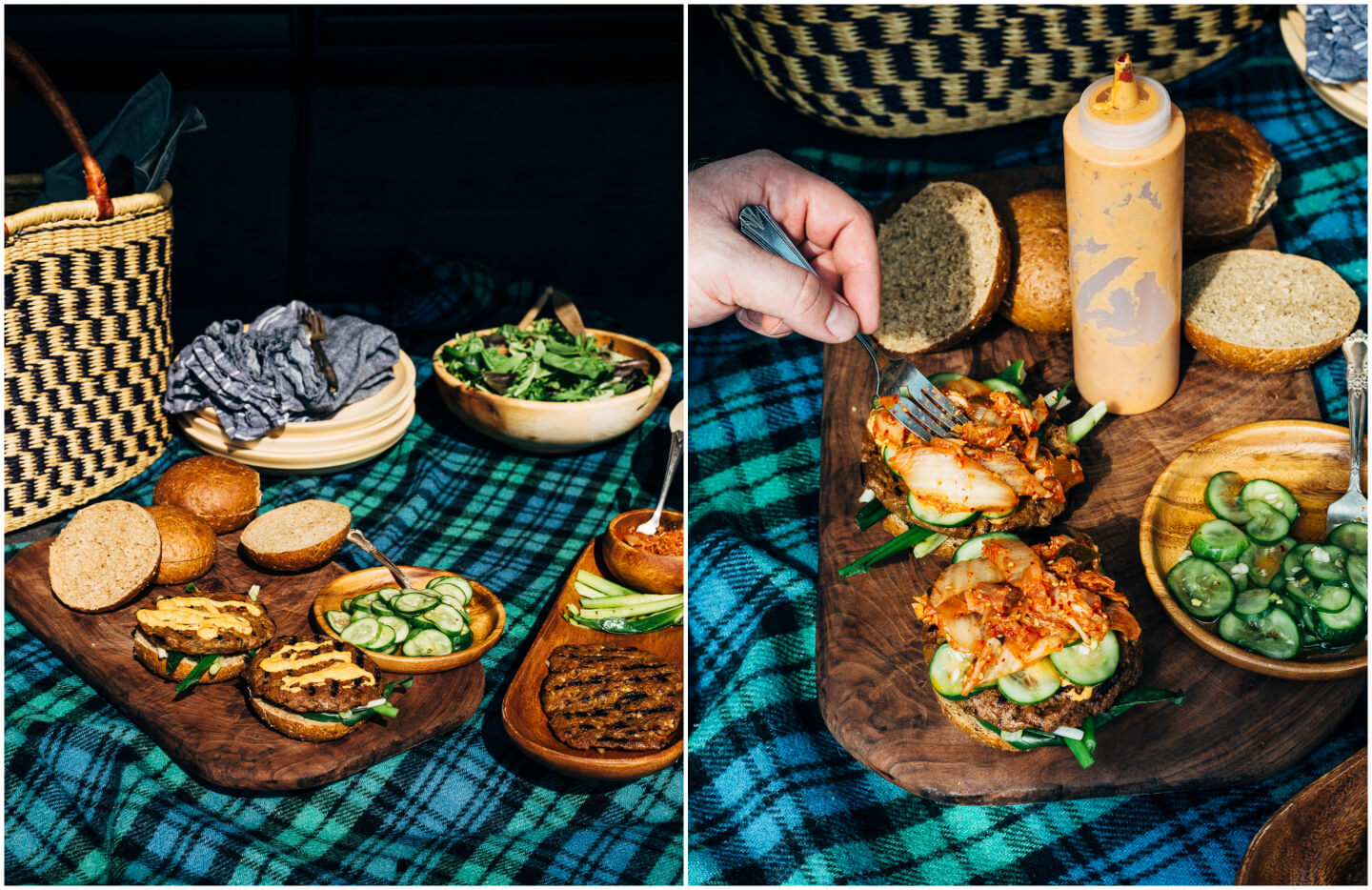 A fresh spin on the traditional tailgating party featuring plant-based kimchi burgers topped with grilled green onions and a spicy gochujang sunflower spread.