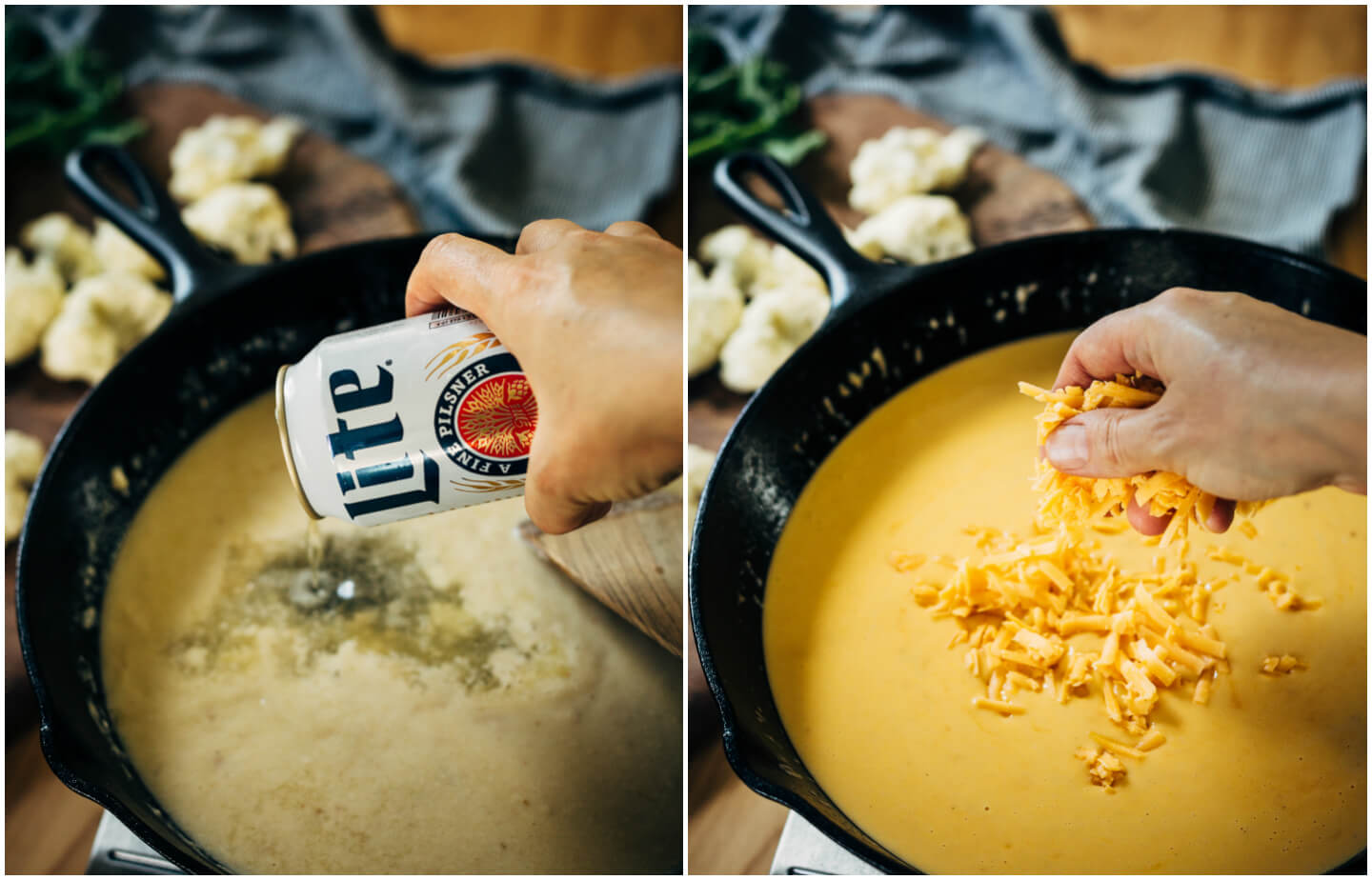 A simple, classic beer cheese recipe served alongside crispy fried cauliflower bites, toast soldiers, and crunchy dark pretzels.