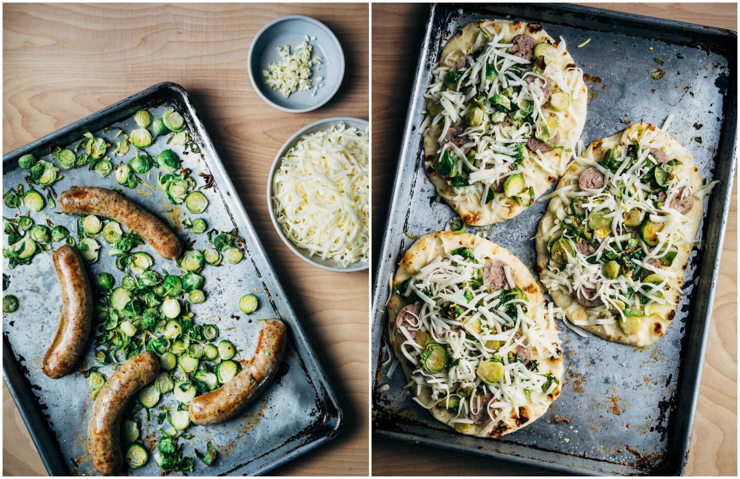 These sausage and Brussels sprout flatbread pizzas feature golden-edged roasted Brussels sprouts alongside tender sausage and melty mozzarella. Lemon zest and red pepper flakes punctuate the pizzas with brightness and heat, and lend a delightful complexity to this weeknight-friendly dish.