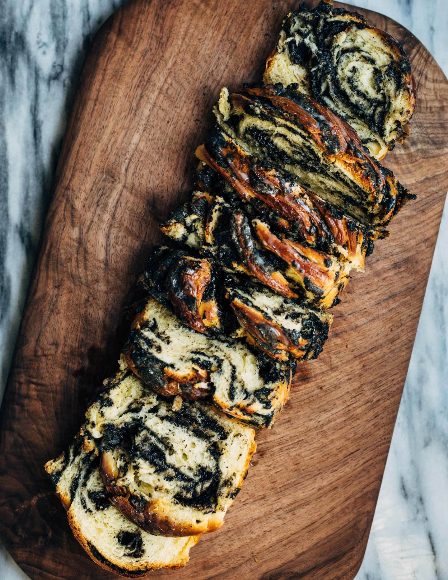 A sweet and pillowy yeasted twist bread recipe with nutty swirls of black sesame paste, from A Common Table by Cynthia Chen McTernan.