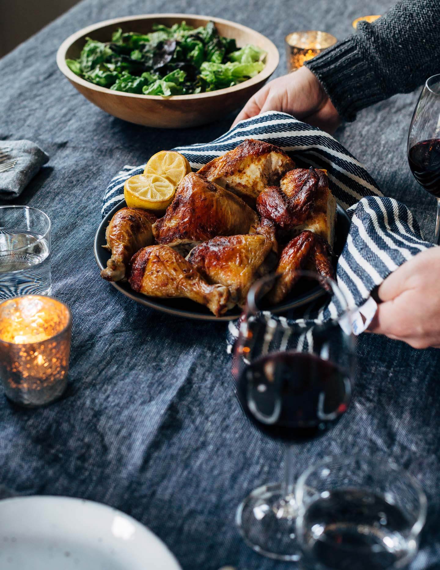 A simple and delicious holiday feast featuring crispy roasted spatchcock chicken with buttery sheet pan smashed potatoes and Brussels sprouts. 