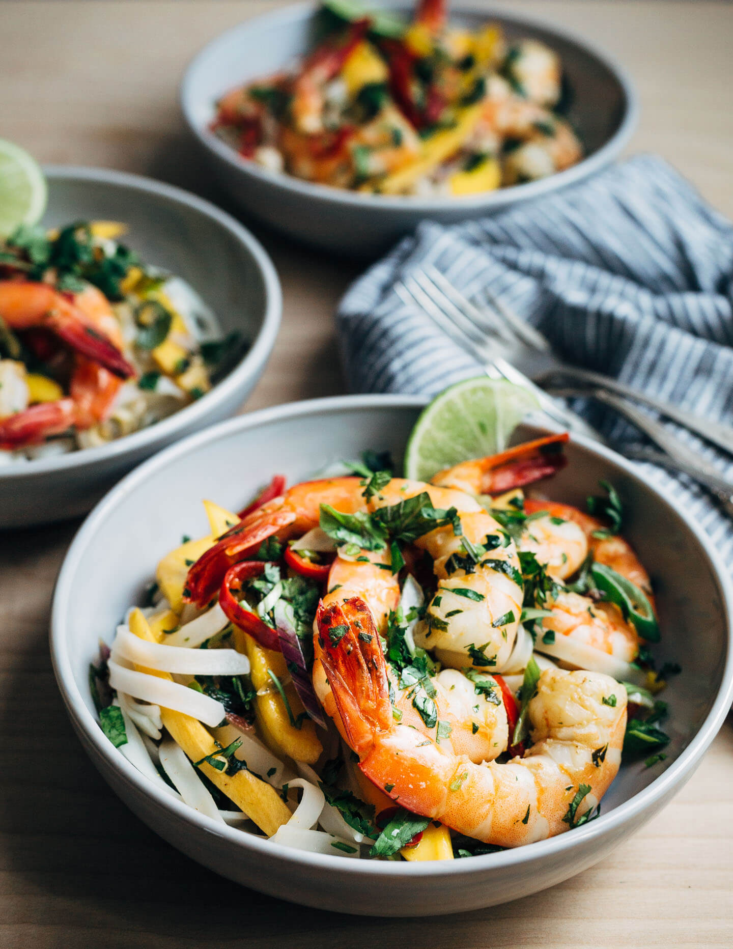 Fresh sliced mango and shrimp seared in coconut oil tossed with chilis, herbs, rice noodles, and a simple lime sauce makes for a nearly effortless, crazy flavorful weeknight meal.