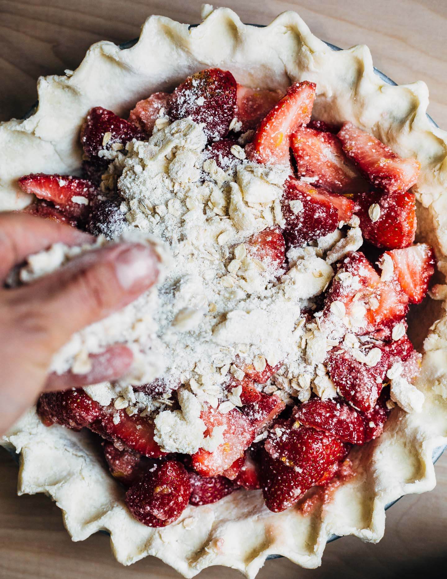 A supremely delicious strawberry crumble pie with all the jammy sweetness of in-season strawberries and a toothsome buttery oat crumble topping. 