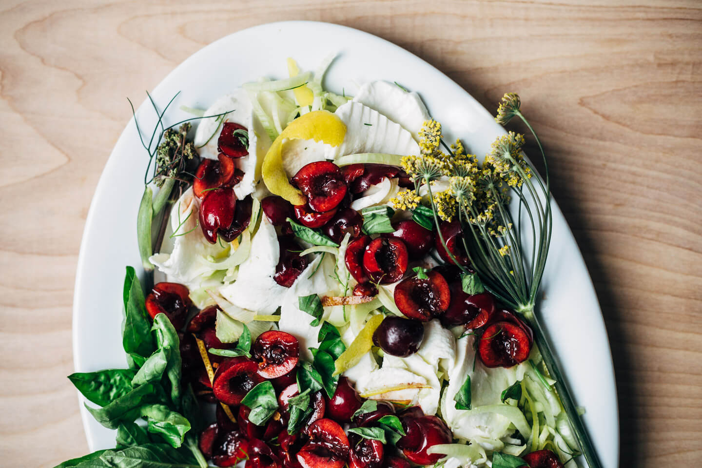 Shaved fennel and sweet Bing cherry Caprese salad