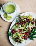 This shaved fennel and Bing cherry Caprese salad is layered with creamy mozzarella, and drizzled with an herbaceous basil and green onion dressing.