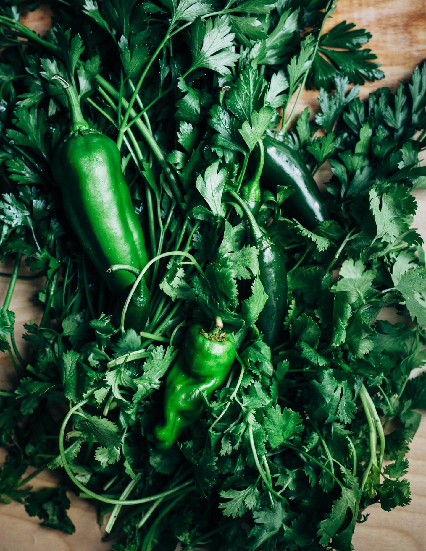 Herbs and chilies for making zhug. 