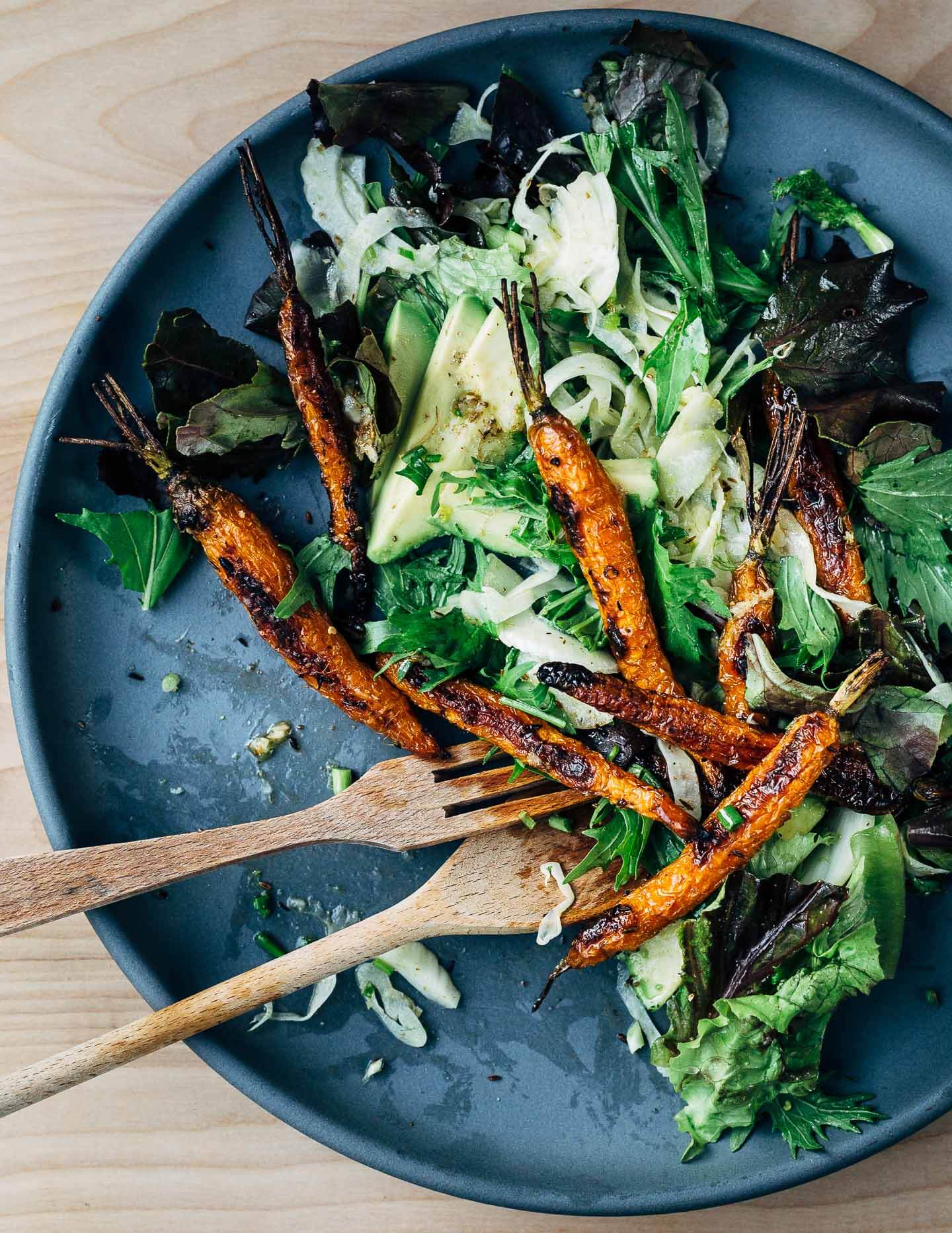 Serving up a shaved fennel and roasted carrot salad with toasted cumin-lime vinaigrette. 