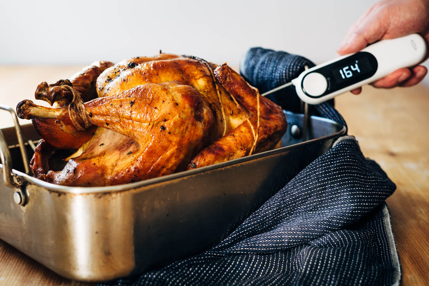 An instant read thermometer is an essential tool for roasting a Thanksgiving turkey. 