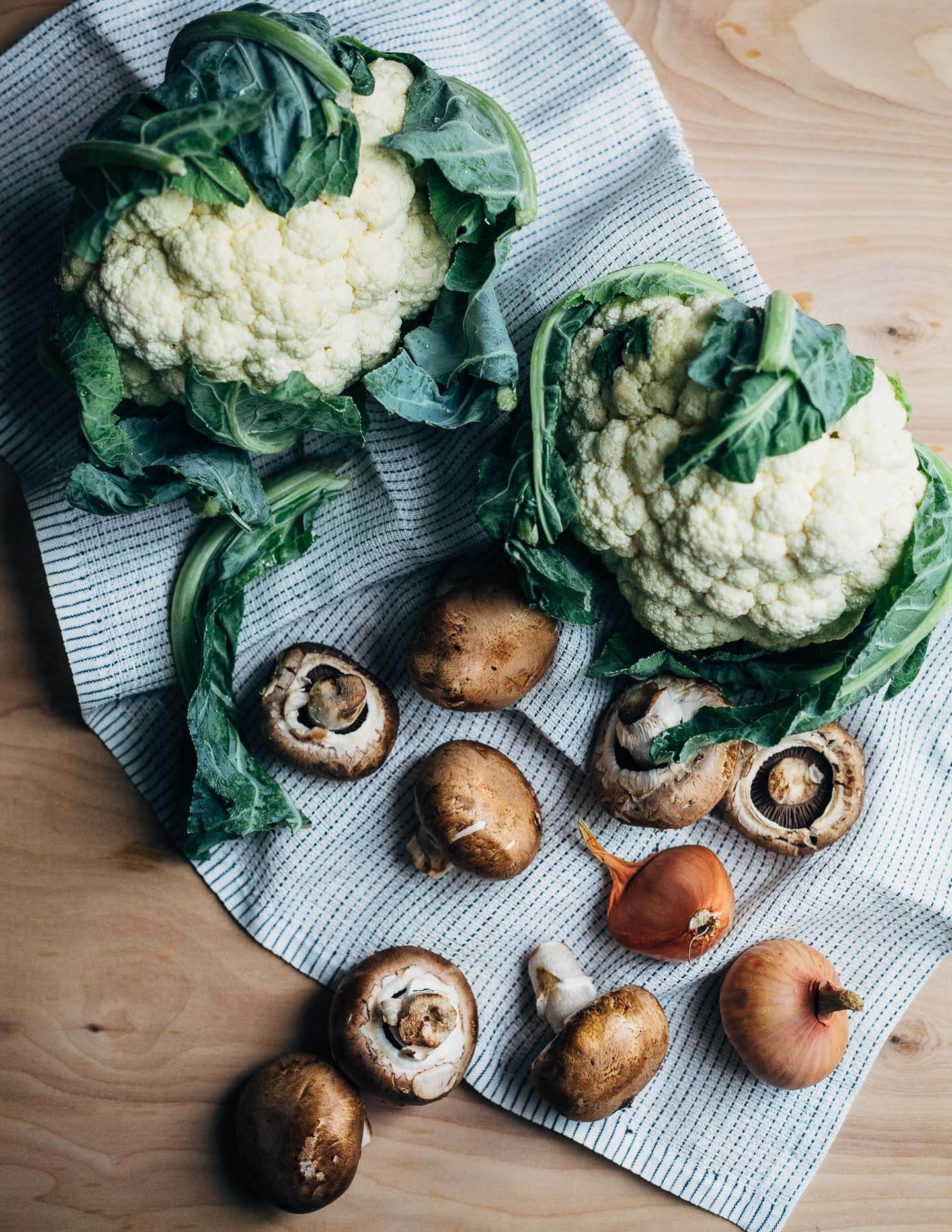 Cauliflower, mushrooms, and shallots for cauliflower puree. 