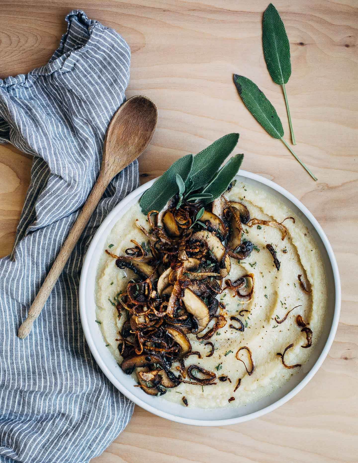 Silky, intensely flavorful cauliflower puree topped with garlicky sautéed mushrooms and frizzled shallots. 
