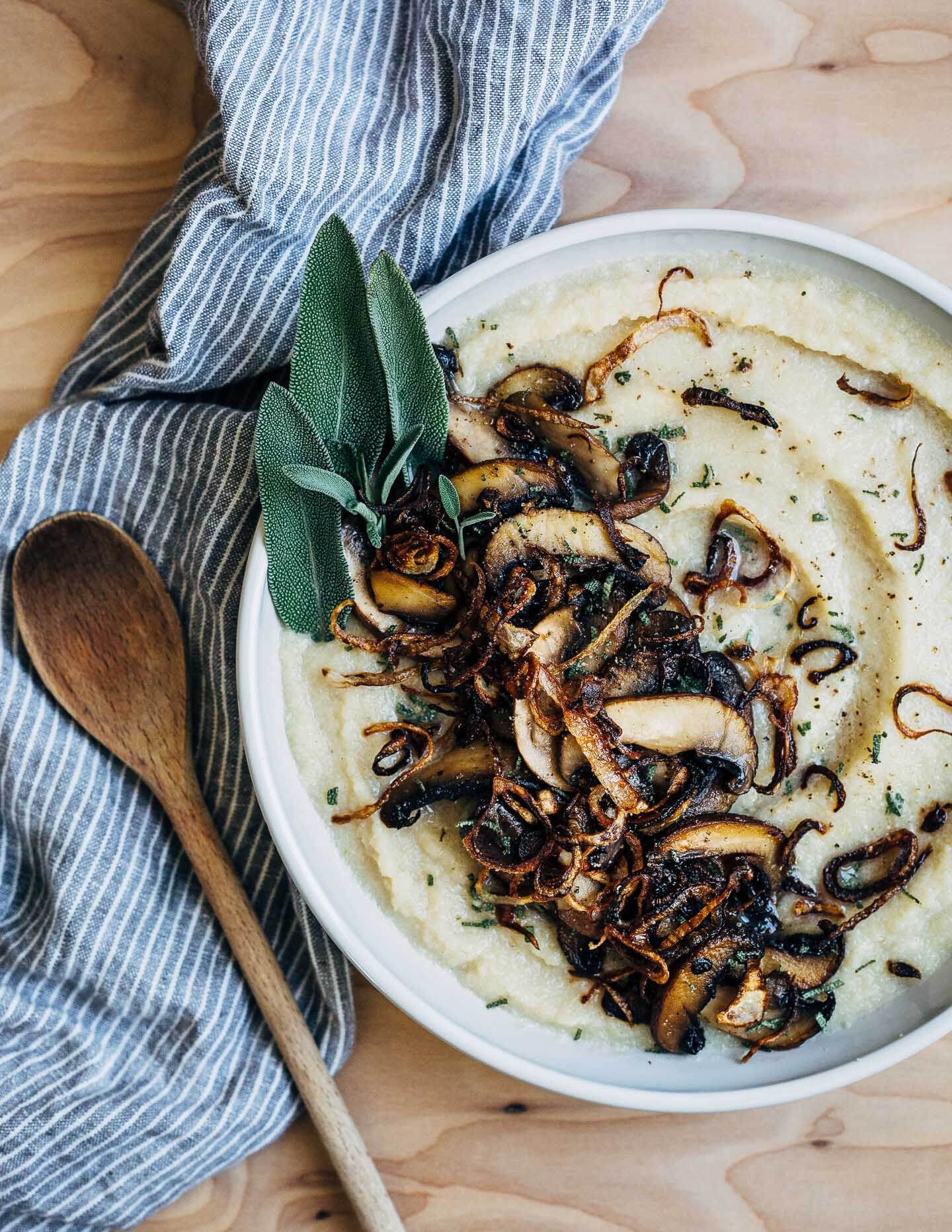 Silky cauliflower puree topped with crispy shallots and sautéed mushrooms. 