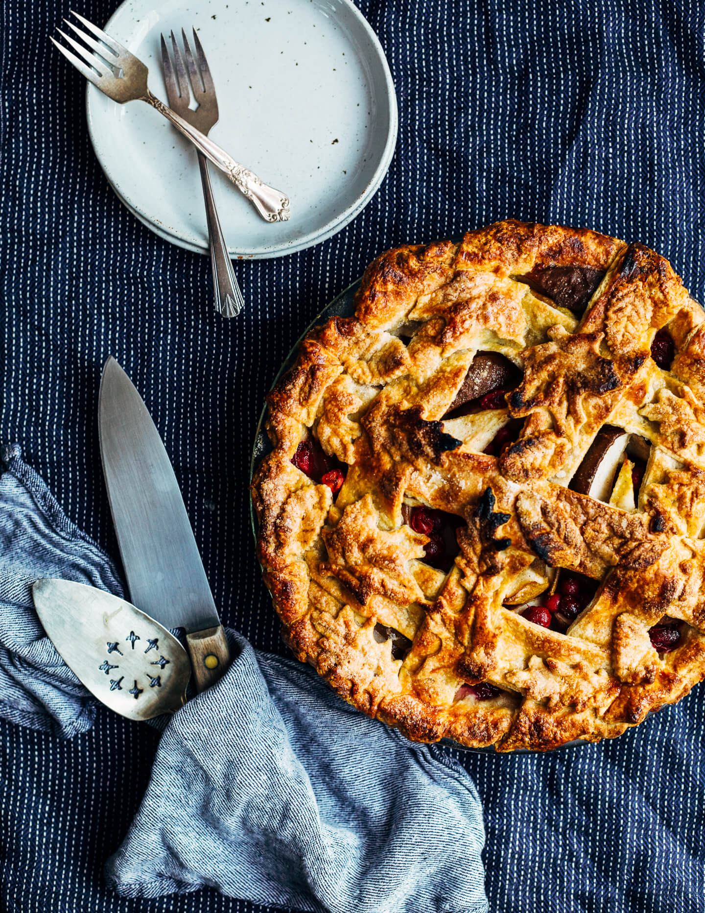 Cranberry pear pie, ready to slice and serve. 