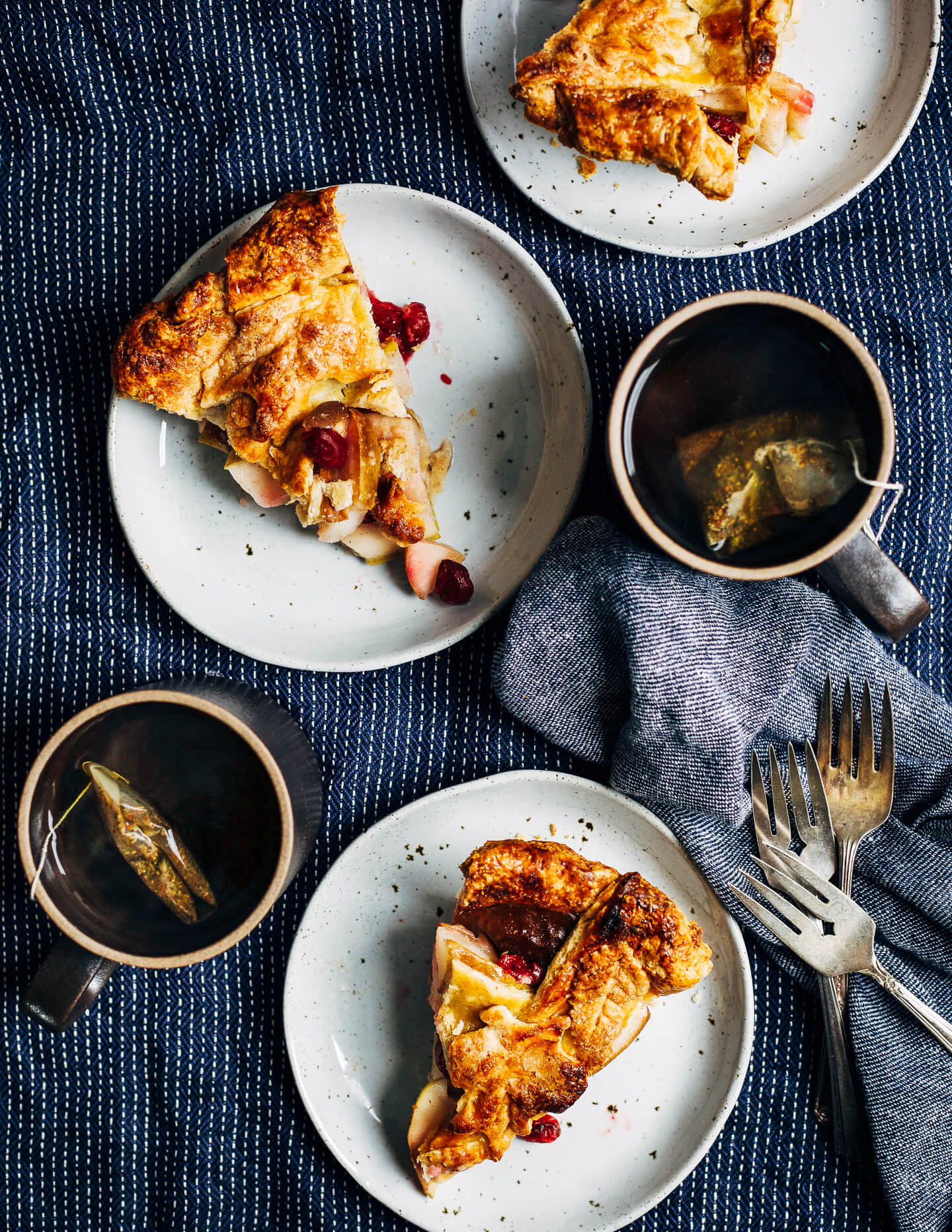 A beautiful cranberry pear pie with an incredibly flaky decorative rye crust. Pears and cranberries complement each other wonderfully, the pears with their subtle sweetness and the cranberries with their bright tang.