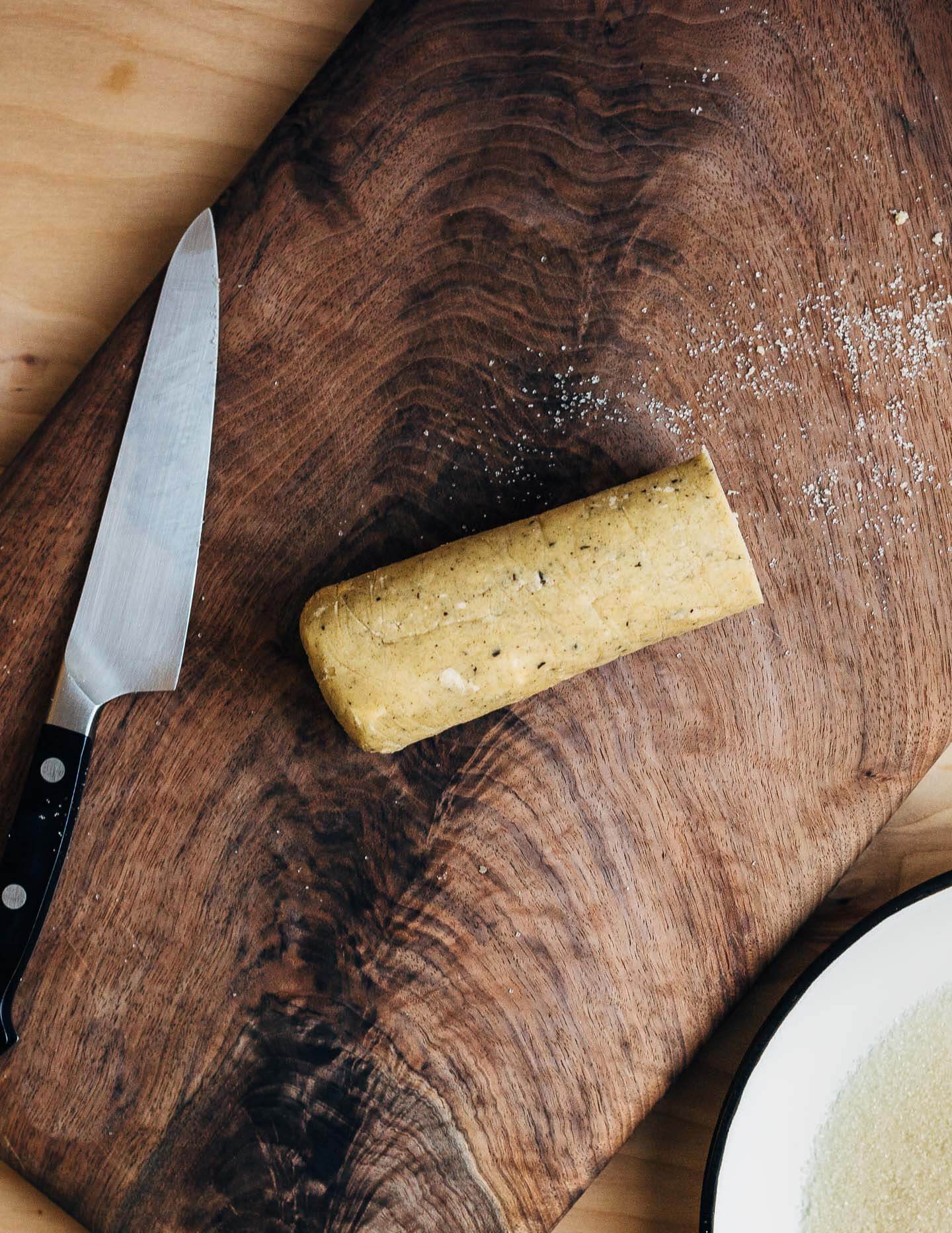 Chilled log of Earl Grey sablé dough. 